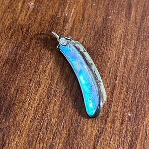 Vtg Abalone Shell Pendant Iridescent Blue Green Silver Tone Boho 1.5 Inch